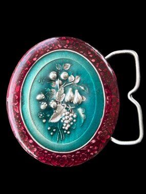 Vintage 1974 Bergamot Brass Works Western Belt Buckle Floral Fruit Enamel